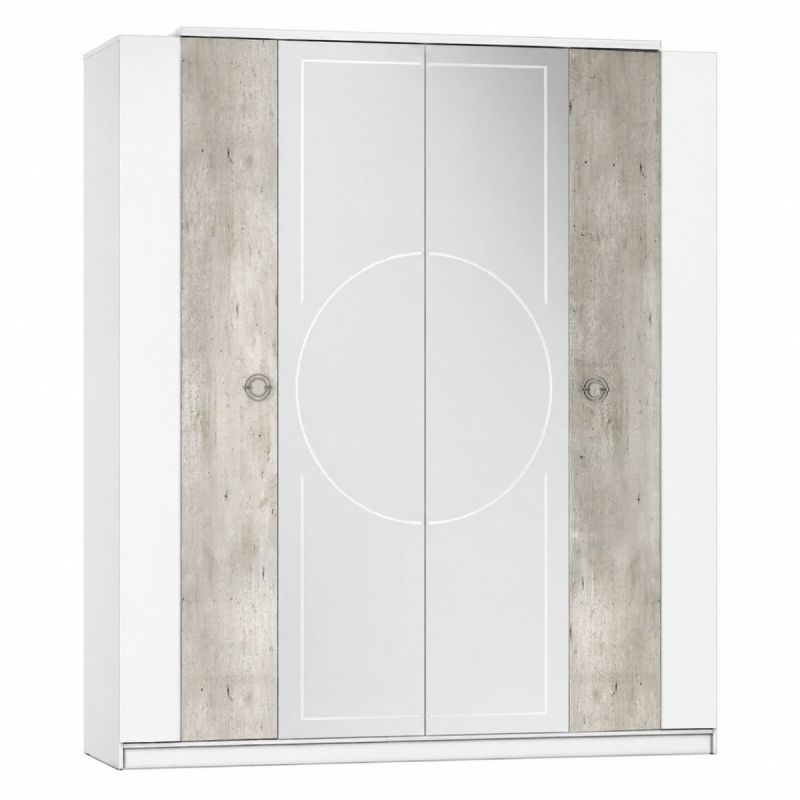 Armoire 4 portes avec miroir aspect béton et blanche - CHAYANE