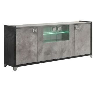 Buffet 4 Portes avec vitres aspect béton ciré 2 tons éclairage Led - HAMPTON