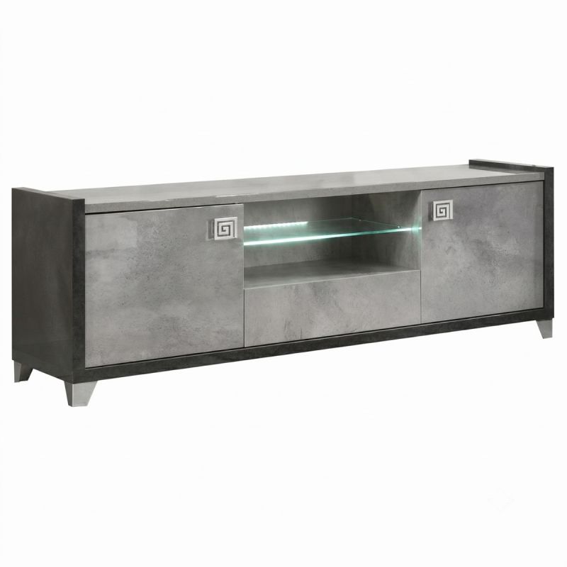 Meuble TV 2 Portes 160cm aspect béton ciré 2 tons éclairage Led - HAMPTON