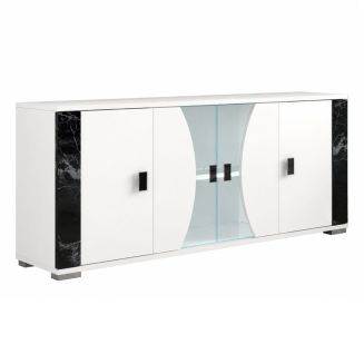 Buffet 4 portes avec vitrage + Led blanc et aspect marbre noir - TAHOE