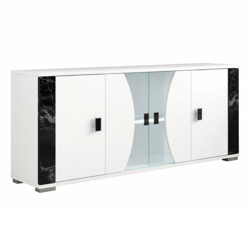 Buffet 4 portes avec vitrage + Led blanc et aspect marbre noir - TAHOE