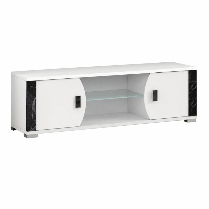 Meuble TV 2 portes et 2 niches blanc et aspect marbre noir - TAHOE