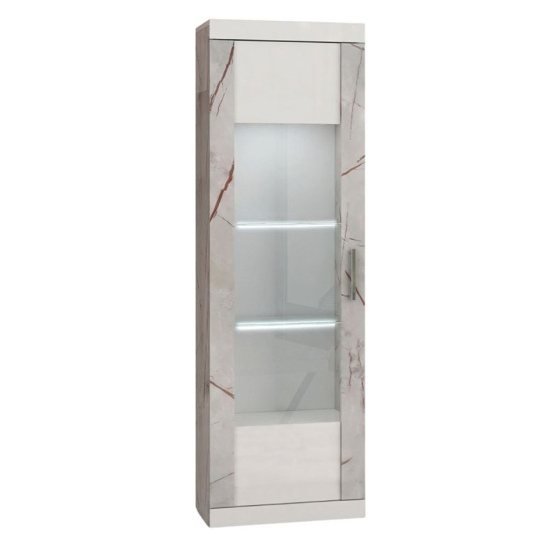 Vitrine 1 porte réversible + Led blanche et aspect marbre gris-brun - NERVY