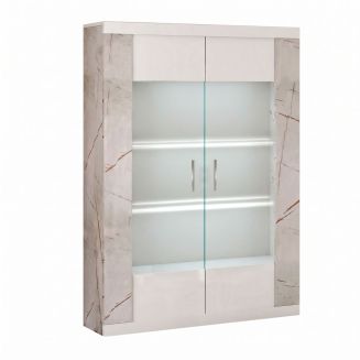 Vitrine 2 portes + Led blanche et aspect marbre gris-brun - NERVY