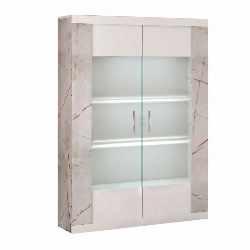 Vitrine 2 portes + Led blanche et aspect marbre gris-brun - NERVY