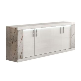 Buffet 4 portes + Led blanc et aspect marbre gris-brun - NERVY