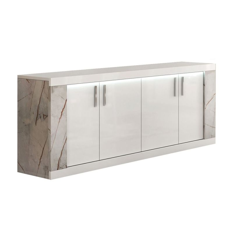 Buffet 4 portes + Led blanc et aspect marbre gris-brun - NERVY