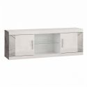 Meuble TV 2 portes 2 niches blanc et aspect marbre gris-brun - NERVY