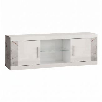 Meuble TV 2 portes 2 niches blanc et aspect marbre gris-brun - NERVY