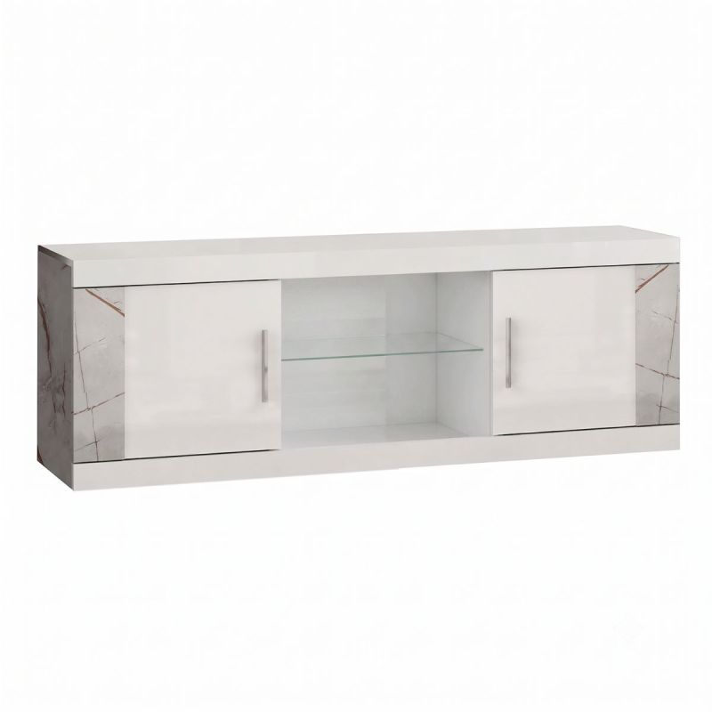 Meuble TV 2 portes 2 niches blanc et aspect marbre gris-brun - NERVY