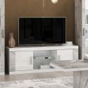 Meuble TV 2 portes 2 niches blanc et aspect marbre gris-brun - NERVY
