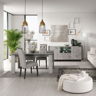 Séjour buffet 4P + table de repas aspect béton ciré 2 tons - HAMPTON