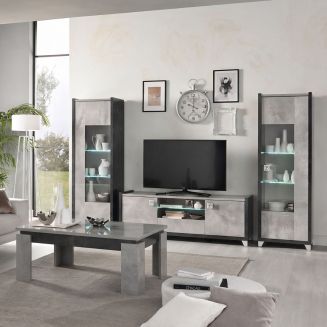 Salon table basse 2 vitrines meuble TV aspect béton ciré 2 tons - HAMPTON
