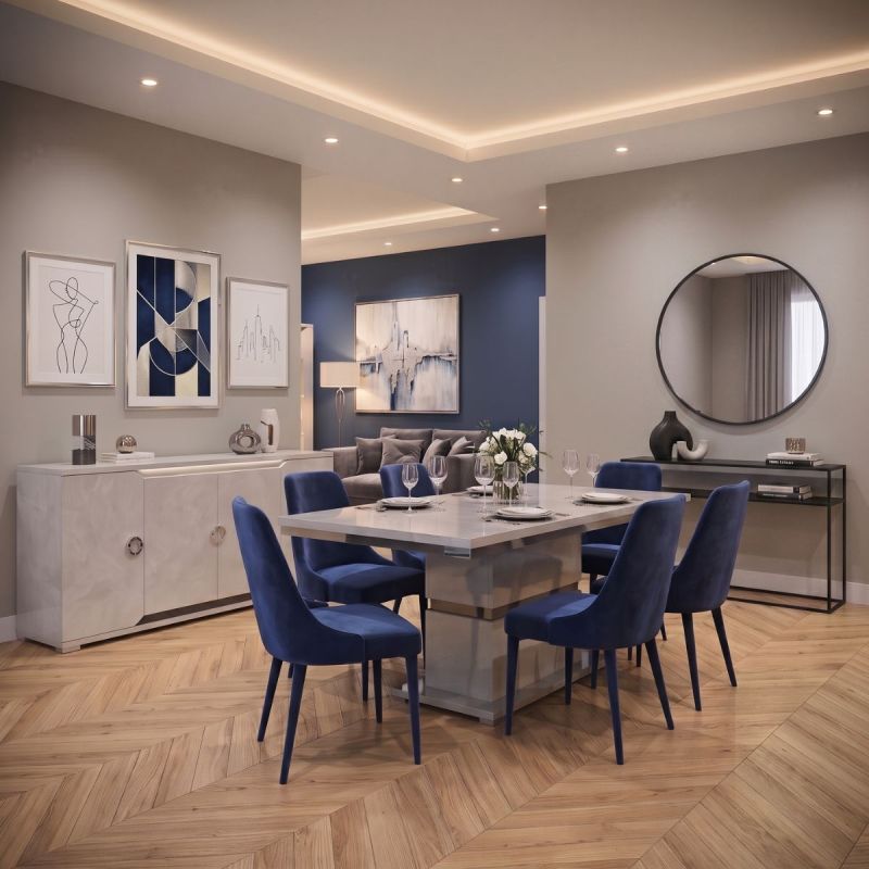 Séjour buffet + table repas aspect ciment et anthracite - LIBECCIO