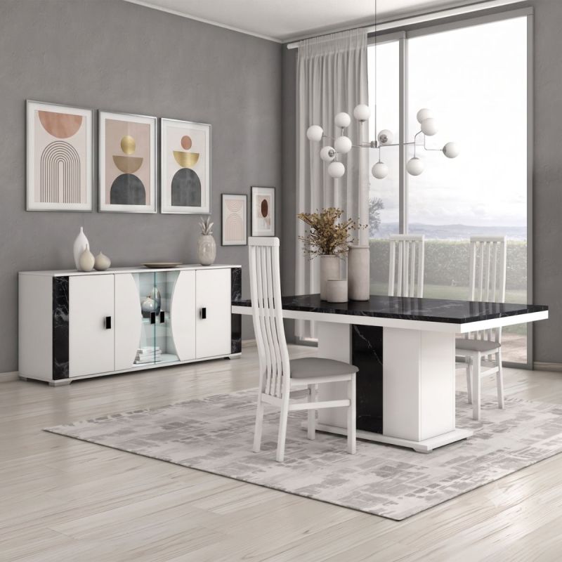Séjour buffet + table repas blanc et aspect marbre noir - TAHOE