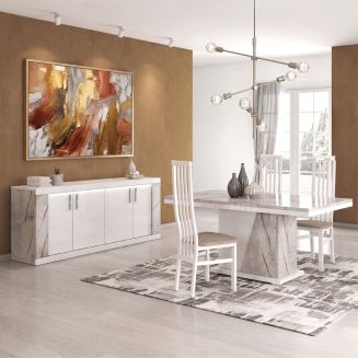 Séjour buffet + table repas blanc et aspect marbre gris-brun - NERVY