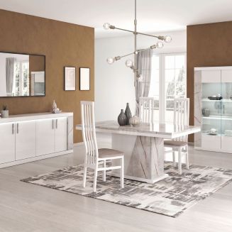 Séjour complet avec vitrine blanc et aspect marbre gris-brun - NERVY