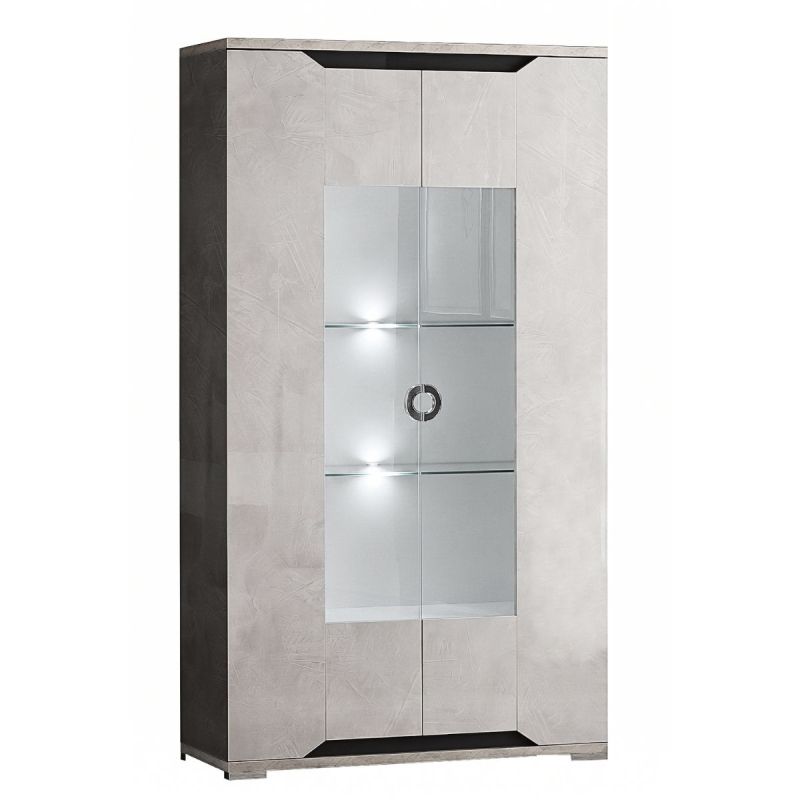 Vitrine 2 portes + Led aspect ciment et gris anthracite - LIBECCIO