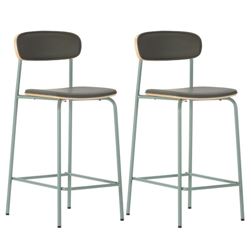 Lot de 2 tabourets de bar structure métal gris bleuté assise et dossier bois et PU vert - LAURA