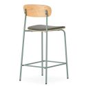Lot de 2 tabourets de bar structure métal gris bleuté assise et dossier bois et PU vert - LAURA