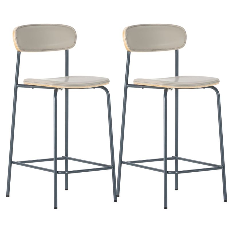 Lot de 2 tabourets de bar structure métal bleu foncé assise et dossier bois et PU beige - LAURA