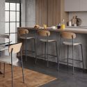 Lot de 2 tabourets de bar structure métal bleu foncé assise et dossier bois et PU beige - LAURA