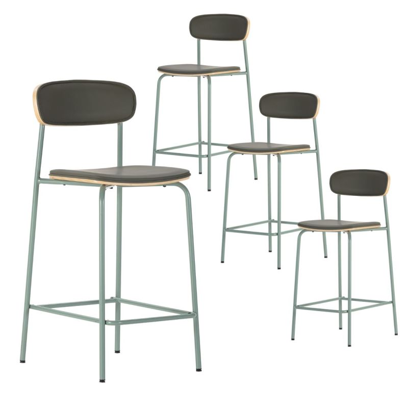 Lot de 4 tabourets de bar structure métal gris bleuté assise et dossier bois et PU vert - LAURA