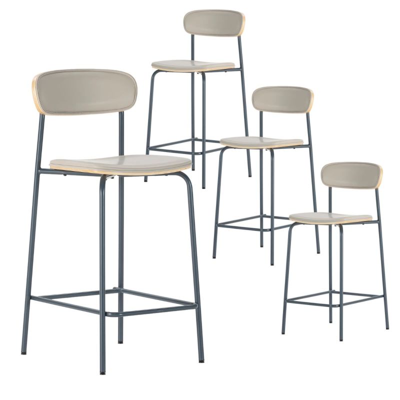 Lot de 4 tabourets de bar structure métal bleu foncé assise et dossier bois et PU beige - LAURA