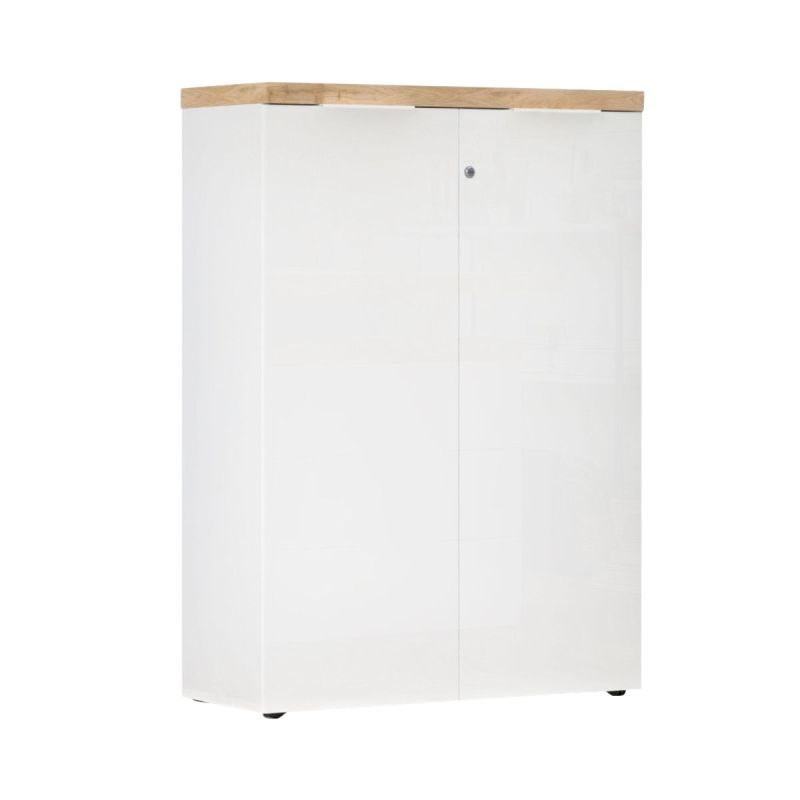 Rangement 2 portes blanc laqué brillant plateau aspect bois finition Cadiz - GENIUS