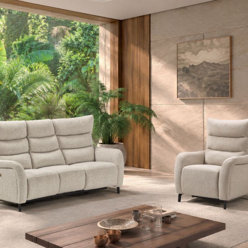 Ensemble Canapés 3P relax élec + fauteuil fixe tissu beige - VARENNE