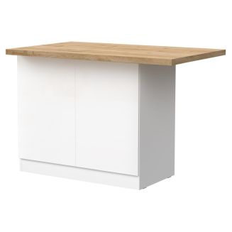 Ilot de cuisine 130cm laqué blanc plateau aspect bois finition Cadiz - ALVA