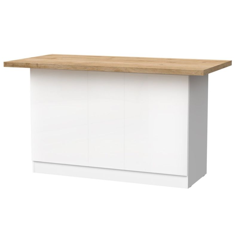 Ilot de cuisine 160cm laqué blanc plateau aspect bois finition Cadiz - ALVA