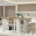 Ilot de cuisine 160cm laqué blanc plateau aspect bois finition Cadiz - ALVA