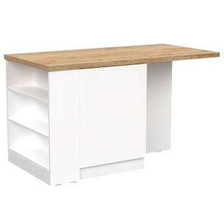Ilot de cuisine 160cm avec angle laqué blanc plateau aspect bois finition Cadiz - ALVA