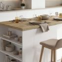 Ilot de cuisine 160cm avec angle laqué blanc plateau aspect bois finition Cadiz - ALVA
