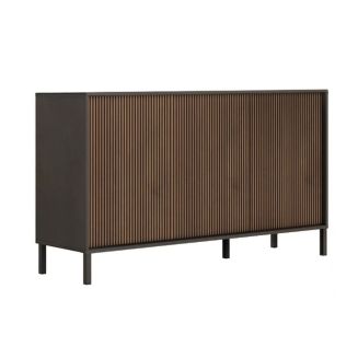 Buffet 3 portes gris lave et aspect bois relief effet tasseaux pieds métal - TICORIA