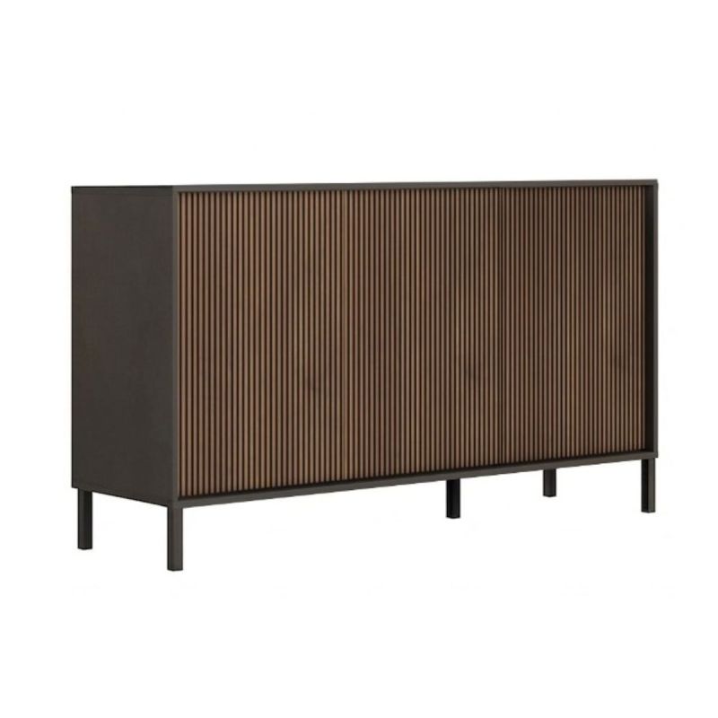 Buffet 3 portes gris lave et aspect bois relief effet tasseaux pieds métal - TICORIA