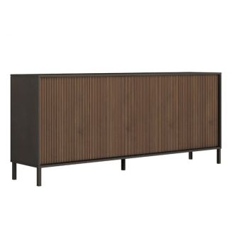 Buffet 4 portes gris lave et aspect bois relief effet tasseaux pieds métal - TICORIA