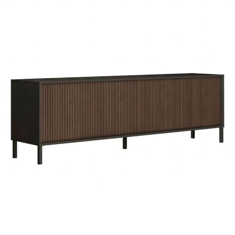 Meuble TV gris lave et aspect bois relief effet tasseaux pieds métal - TICORIA
