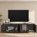 Meuble TV gris lave et aspect bois relief effet tasseaux pieds métal - TICORIA