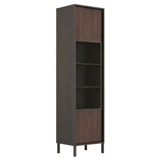 Vitrine 1 porte gris lave et aspect bois relief effet tasseaux pieds métal - TICORIA