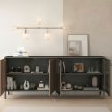 Buffet 4 portes vitré gris lave et aspect bois relief effet tasseaux pieds métal - TICORIA