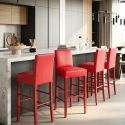 TONY - Lot de 4 Tabourets Laqués Rouge et Assise Simili Cuir Rouge