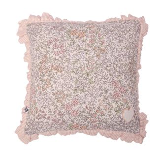 Coussin déhoussable 40x40cm rose motifs floral avec volants - MARJOLAINE