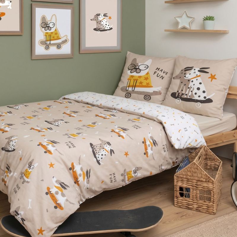 Parure de lit 240x200cm + 2 taies d'oreiller 63x63cm motif chiens skaters - BARNABÉ