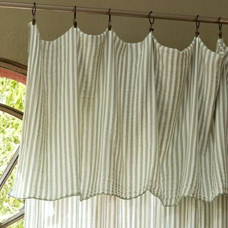 Rideau Ajustable 140x300 cm gaze de coton tissé rayé eucalyptus + 8 Anneaux Pince - ROMELIA