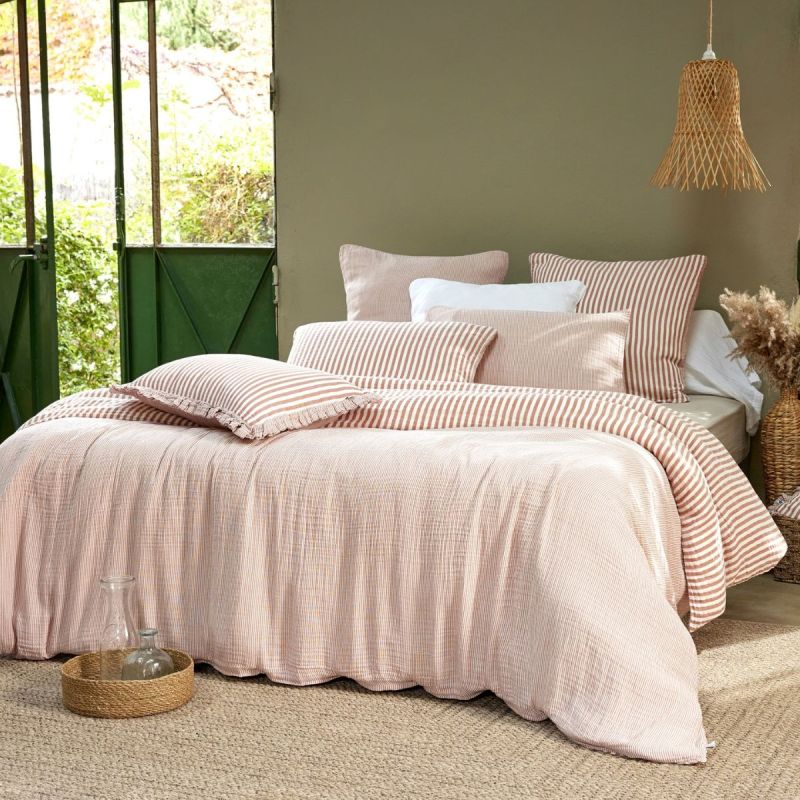 Housse de couette 200x200cm gaze de coton tissé rayé abricot - ROMELIA