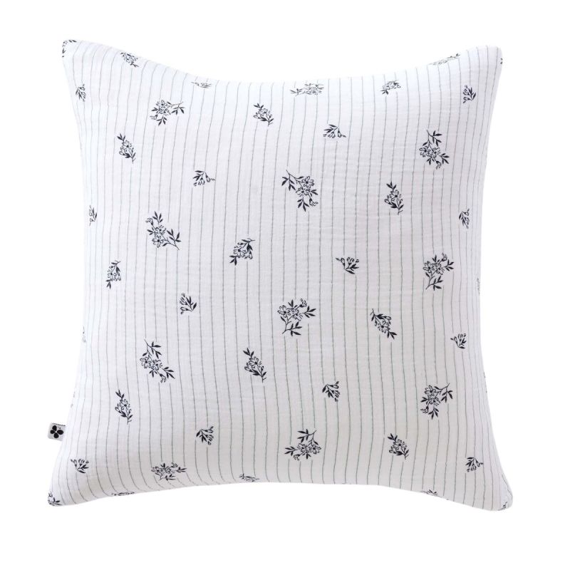 Taie d'oreiller 60x60cm gaze de coton blanc fleurs marine - ALIENOR