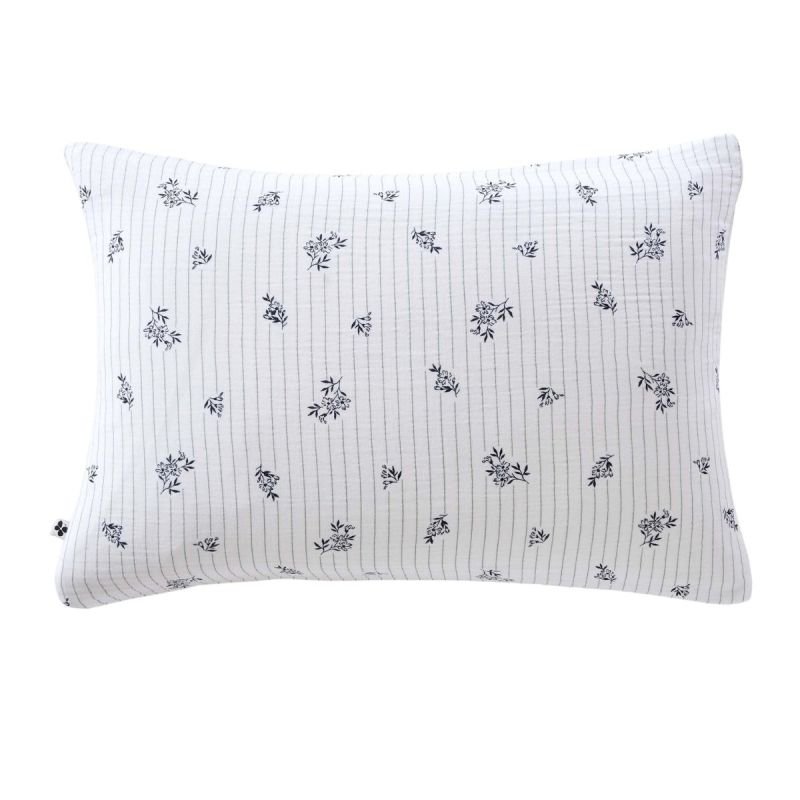 Taie d'oreiller 50x70cm gaze de coton blanc fleurs marine - ALIENOR