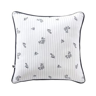 Coussin déhoussable 45x45cm gaze de coton blanc fleurs marine - ALIENOR
